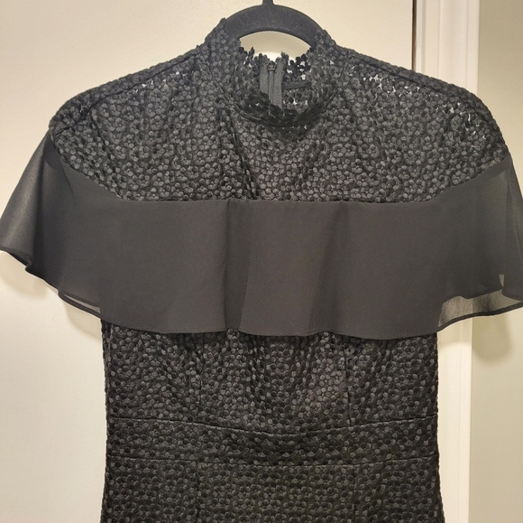 Monique Lhuillier Embroidered Floral Lace Dress Mock Neck Ruffles Black Size 2 - Picture 4 of 14